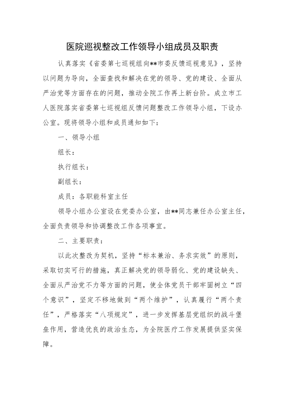 医院巡视整改工作领导小组成员及职责.docx_第1页