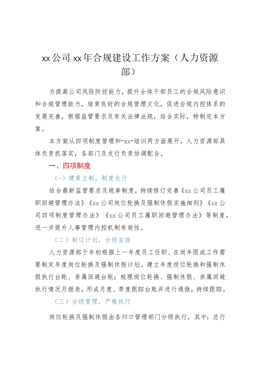 XX公司XX年合规建设工作方案（人力资源部）.docx_第1页