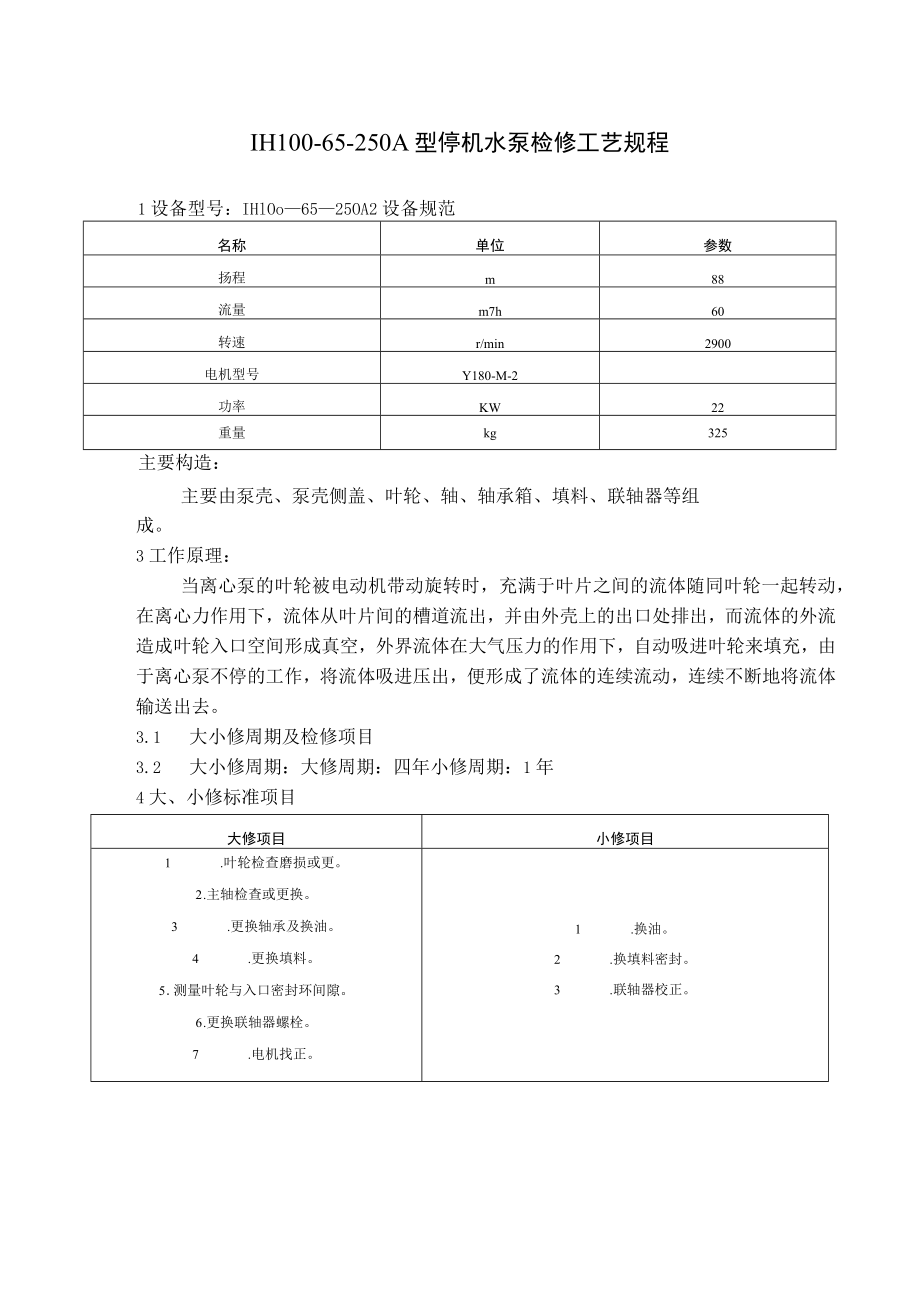 IH100-65-250A型锅炉停机水泵检修工艺规程.docx_第1页