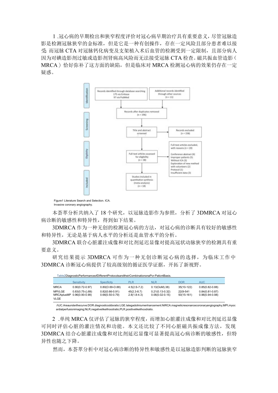 3D全心磁共振血管造影（MRCA）对冠心病诊断的敏感性和特异性的荟萃分析（附心脏核磁共振成像在冠心病诊疗中的应用进展）.docx_第1页