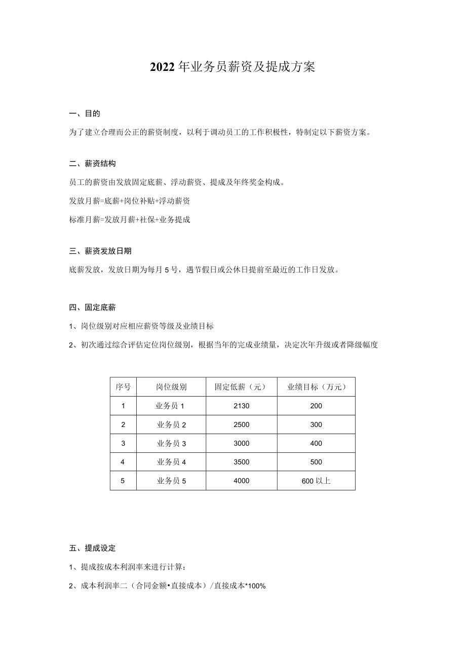 2022年业务员薪资及提成方案模板.docx_第1页