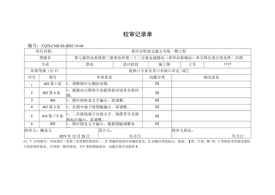 CQ5Ⅰ-SS-BD2-19-04第七篇供电系统第三册变电所 第二十三分册金建路（原华岩新城）站牵引降压混合变电所二次图审定记录单.docx_第1页