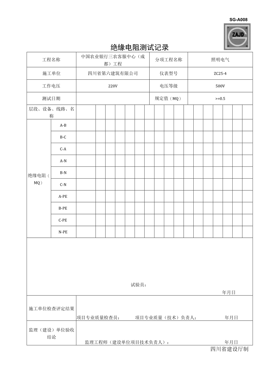 (四川第二版工程资料表格)SG-A008绝缘电阻测试记录.docx_第1页