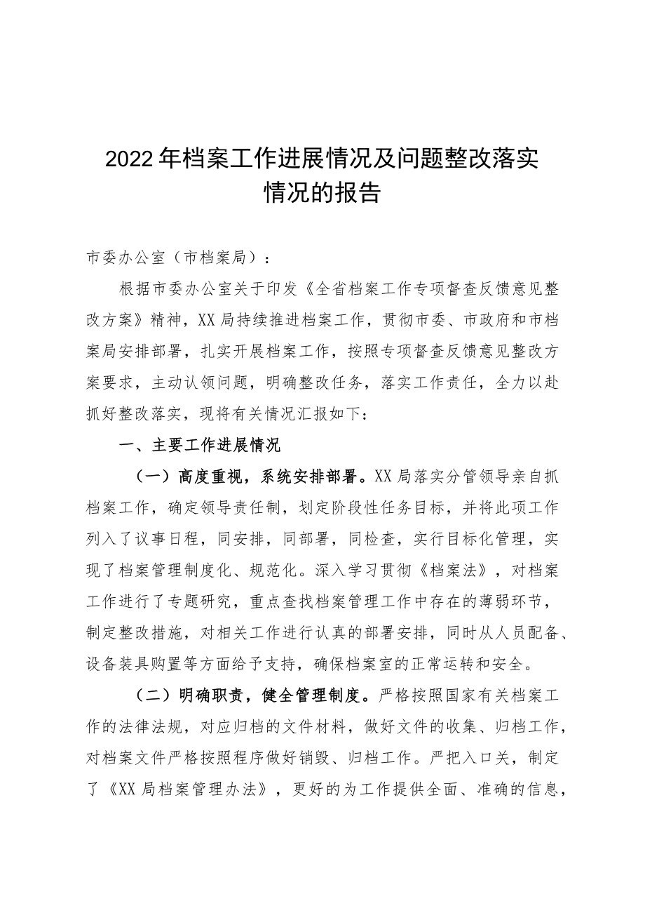 2022年XX局档案工作进展落实情况及问题整改落实落实情况的报告.docx_第1页