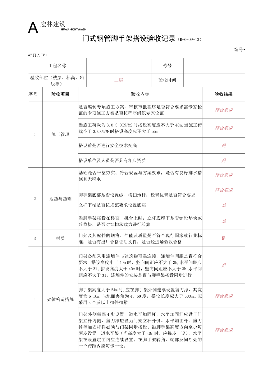 3--门式钢管上脚手架搭设验收记录.docx_第1页