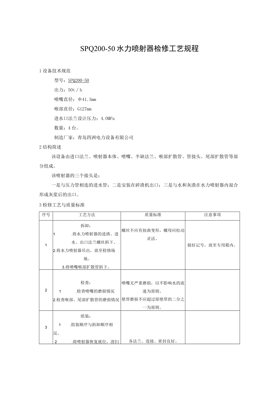 SPQ200-50 水力喷射器检修工艺规程.docx_第1页