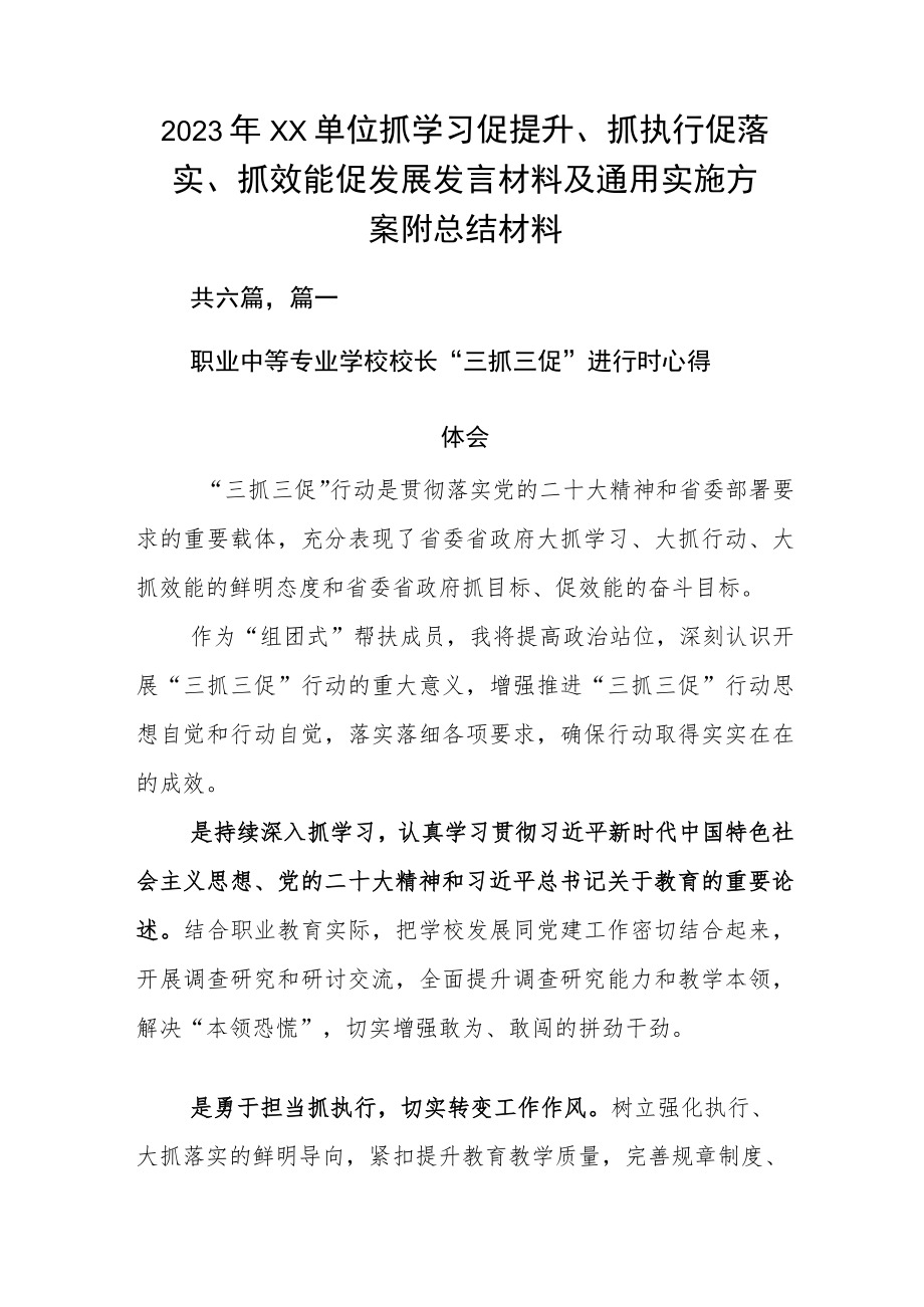 2023年XX单位抓学习促提升、抓执行促落实、抓效能促发展发言材料及通用实施方案附总结材料.docx_第1页