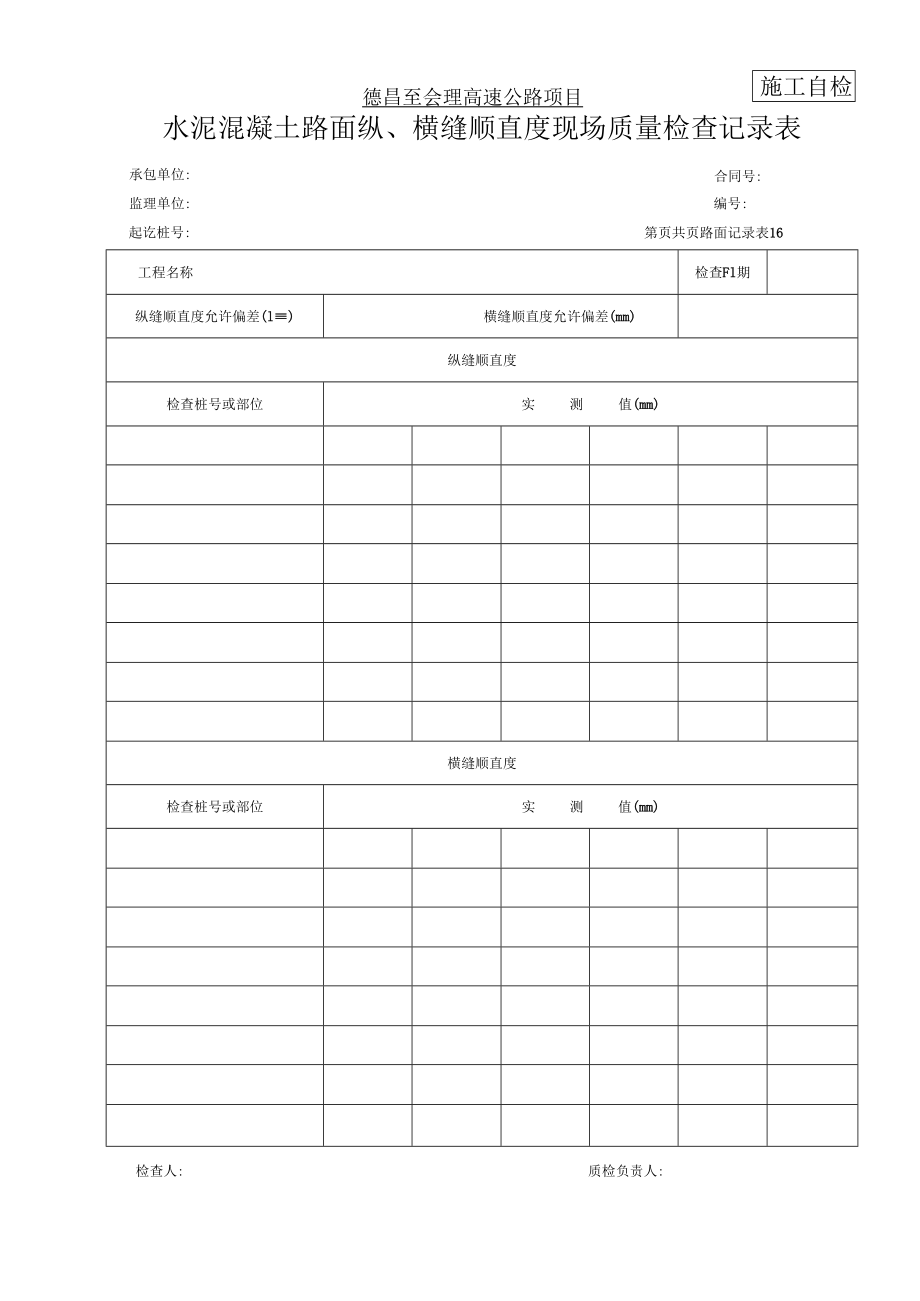 16 水泥混凝土路面纵、横缝顺直度现场质量检查记录表.docx_第1页