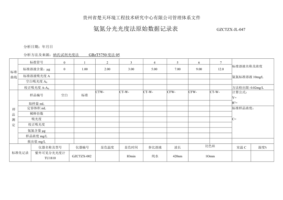 GZCTZX-JL-047-氨氮分光光度法原始数据记录表.docx_第1页