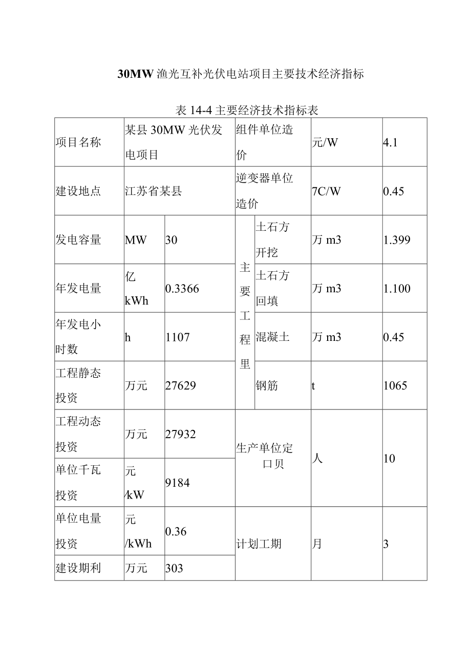 30MW渔光互补光伏电站项目主要技术经济指标.docx_第1页