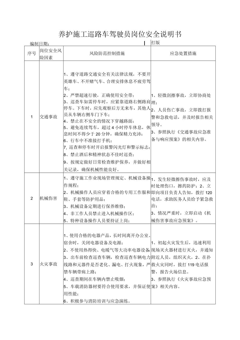 72养护施工巡路车驾驶员岗位安全说明书.docx_第1页