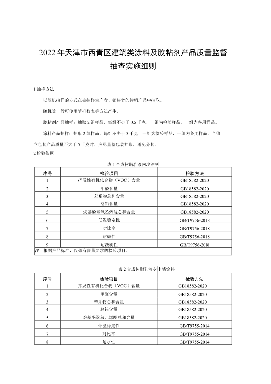 2022年天津市西青区建筑类涂料及胶粘剂产品质量监督抽查实施细则.docx_第1页