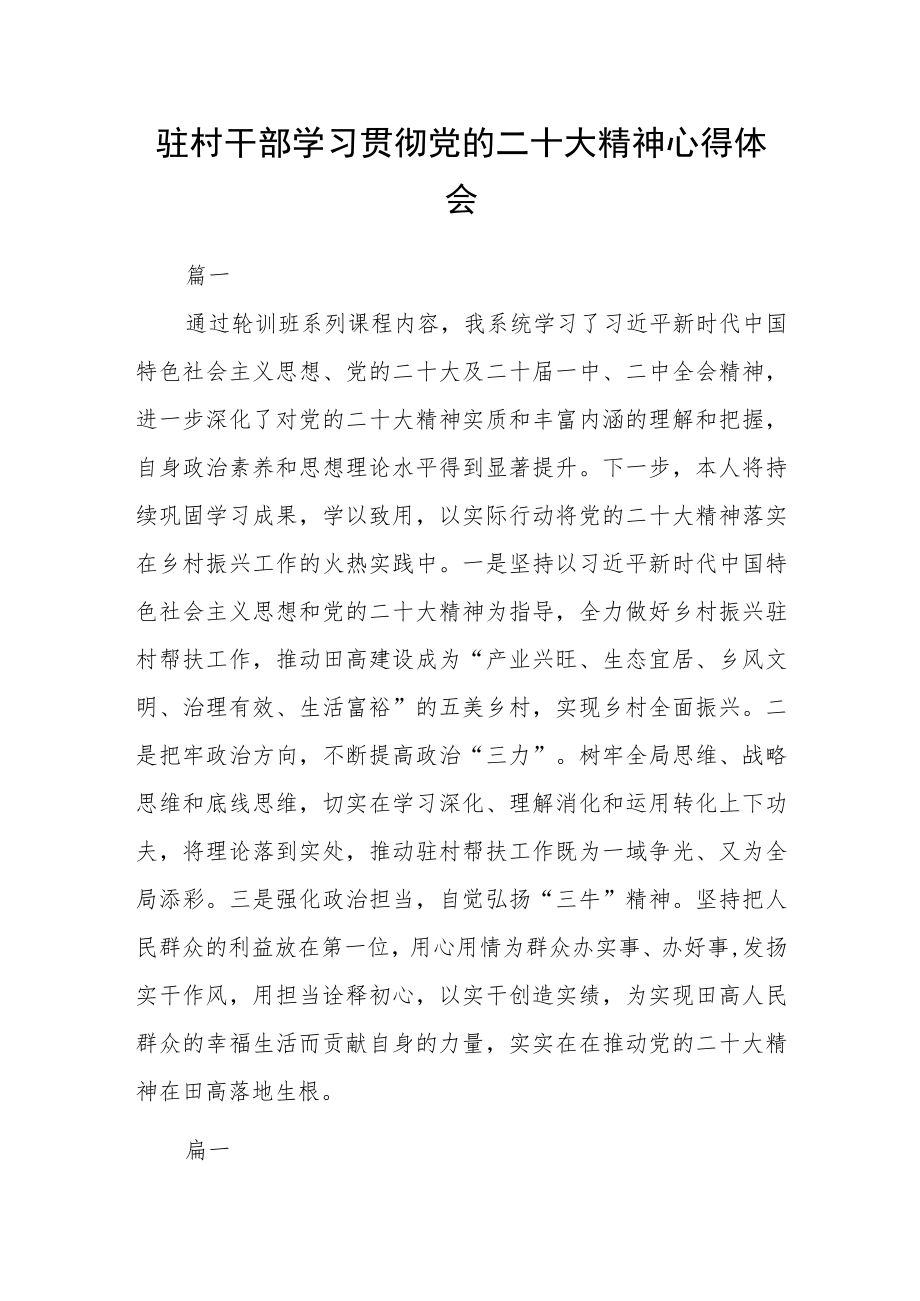 (9篇)驻村干部学习贯彻党的二十大精神心得体会.docx_第1页