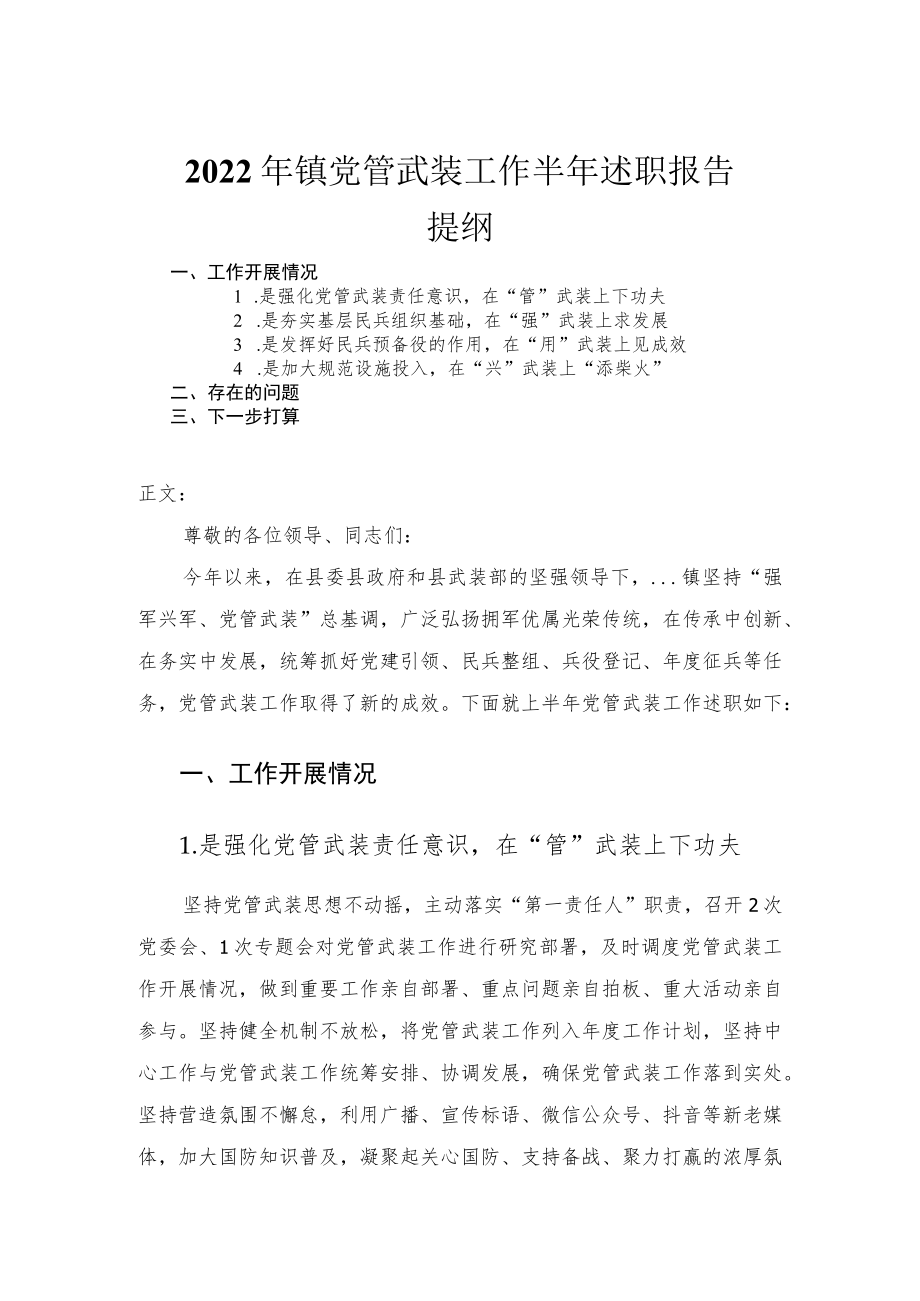 2022年镇党管武装工作半年述职报告.docx_第1页