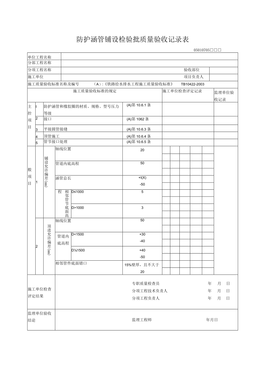 07-05防护涵管铺设检验批质量验收记录表.docx_第1页