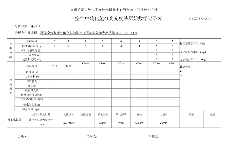 GZCTZX-JL-095-空气中硫化氢分光光度法原始数据记录表.docx_第1页