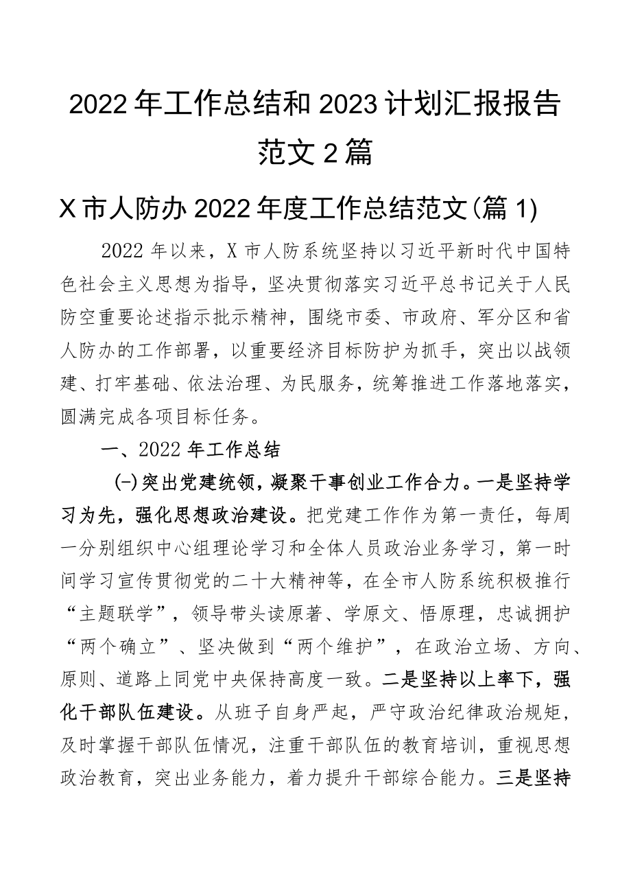 2022年工作总结和2023计划汇报报告范文2篇.docx_第1页