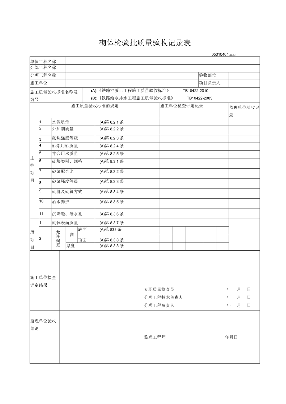 04-04砌体工程检验批质量验收记录表.docx_第1页