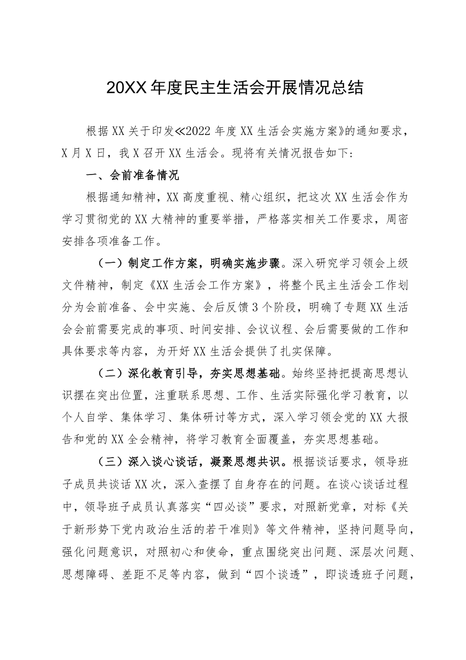 2022年度民主生活会开展情况总结(精选).docx_第1页