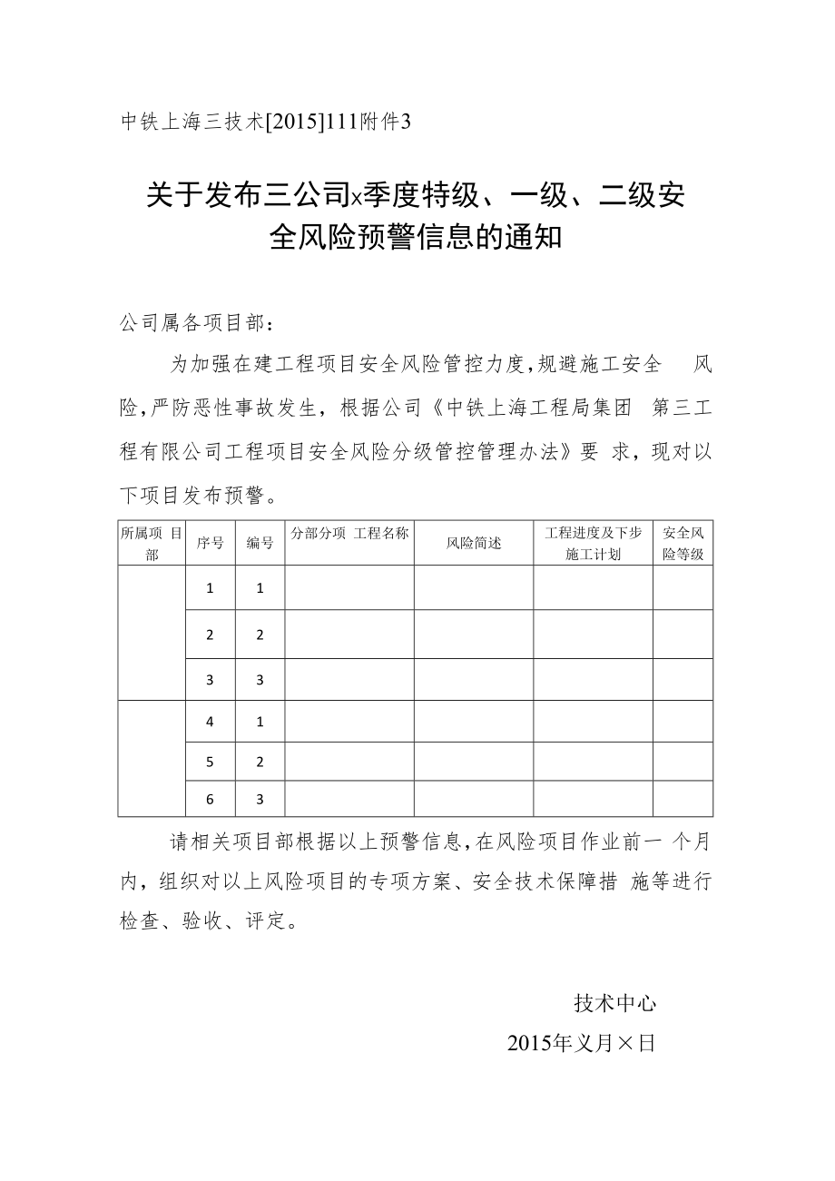 中铁上海三技术[2015]111附件3：安全风险项目预警信息发布.docx_第1页