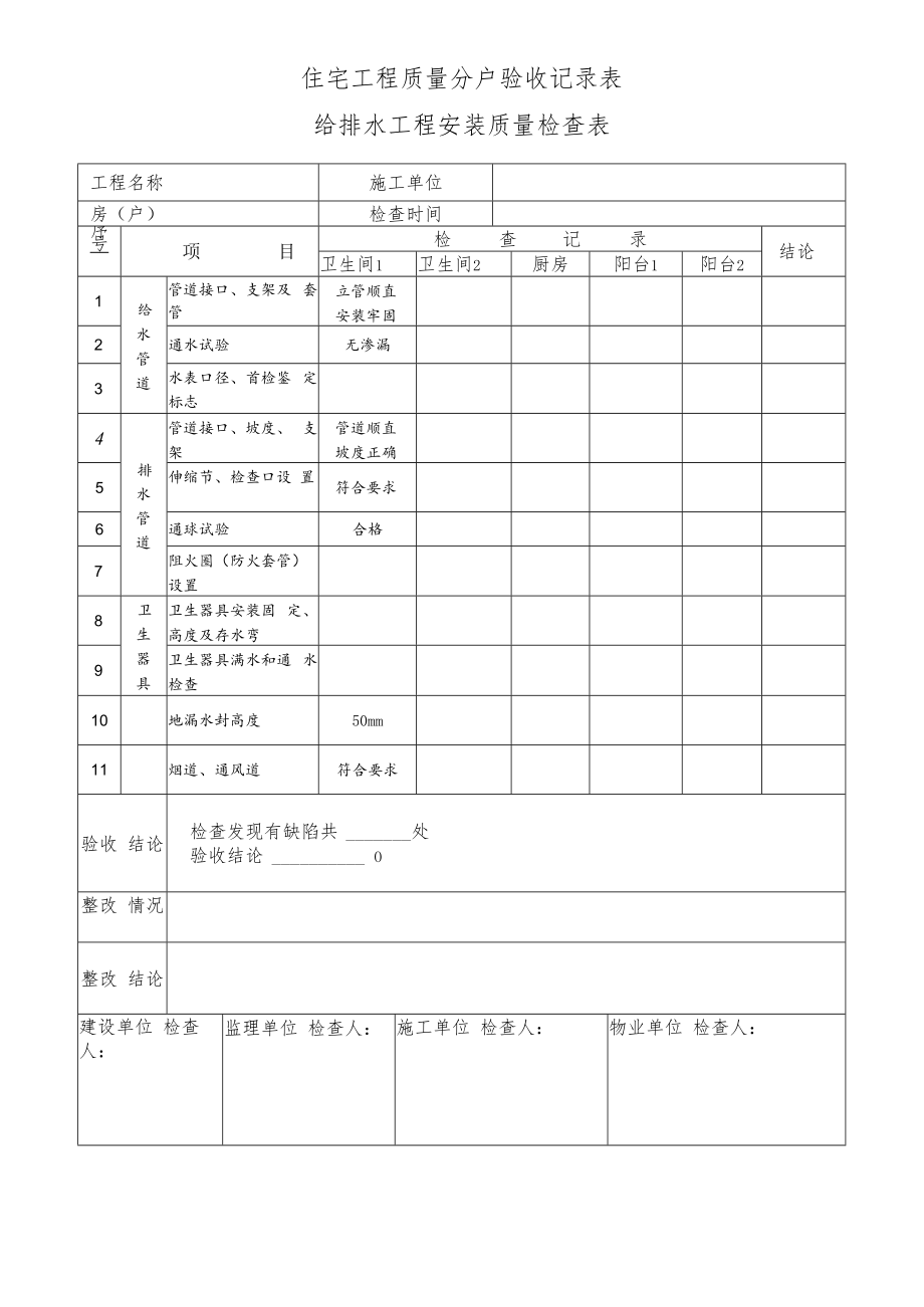 住宅排水工程安装质量检查表.docx_第1页