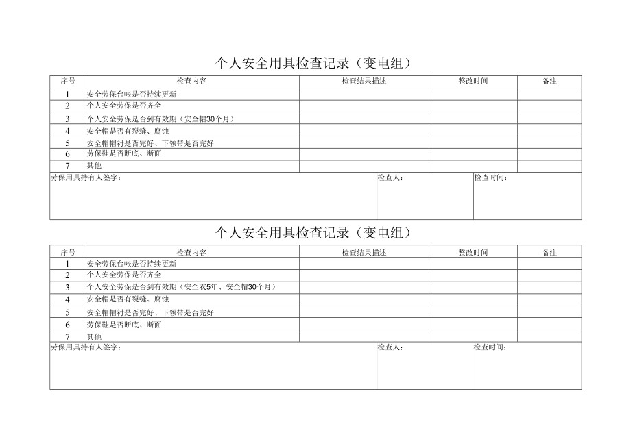 个人安全用具检查记录（变电组）.docx_第1页