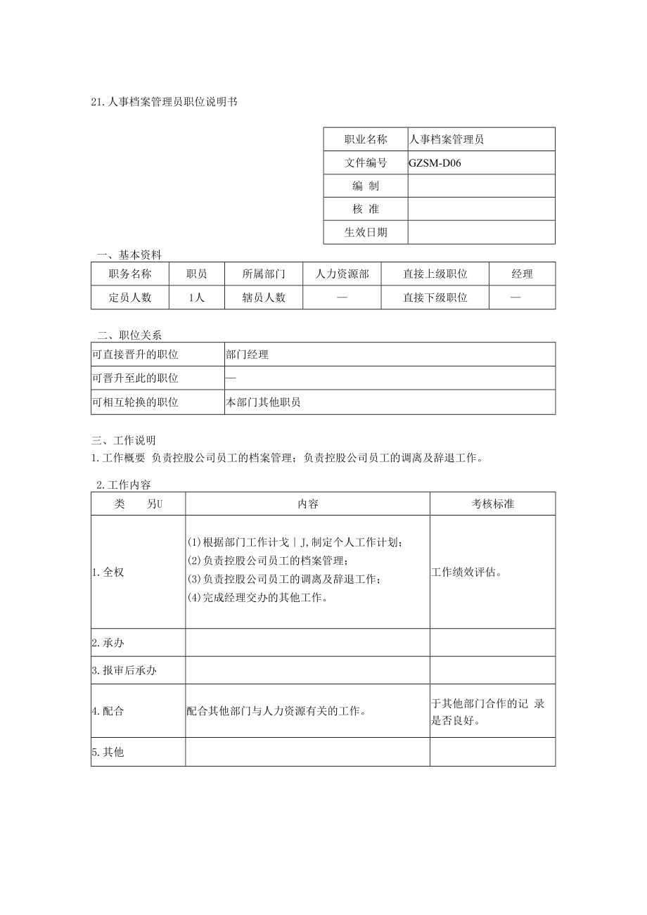 人事档案管理员职位说明书.docx_第1页