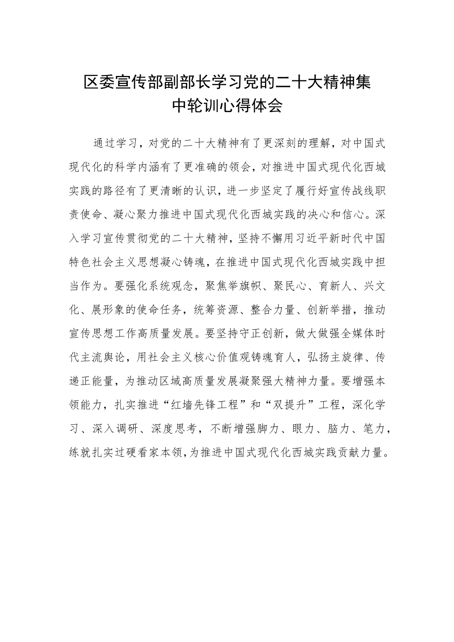 区委宣传部副部长学习党的二十大精神集中轮训心得体会.docx_第1页