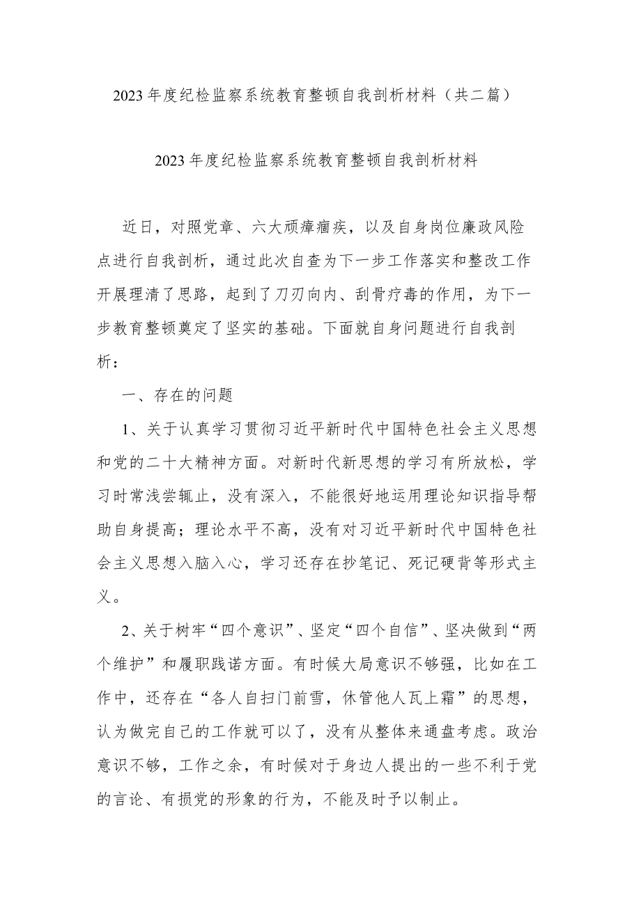 2023年度纪检监察系统教育整顿自我剖析材料(共二篇).docx_第1页