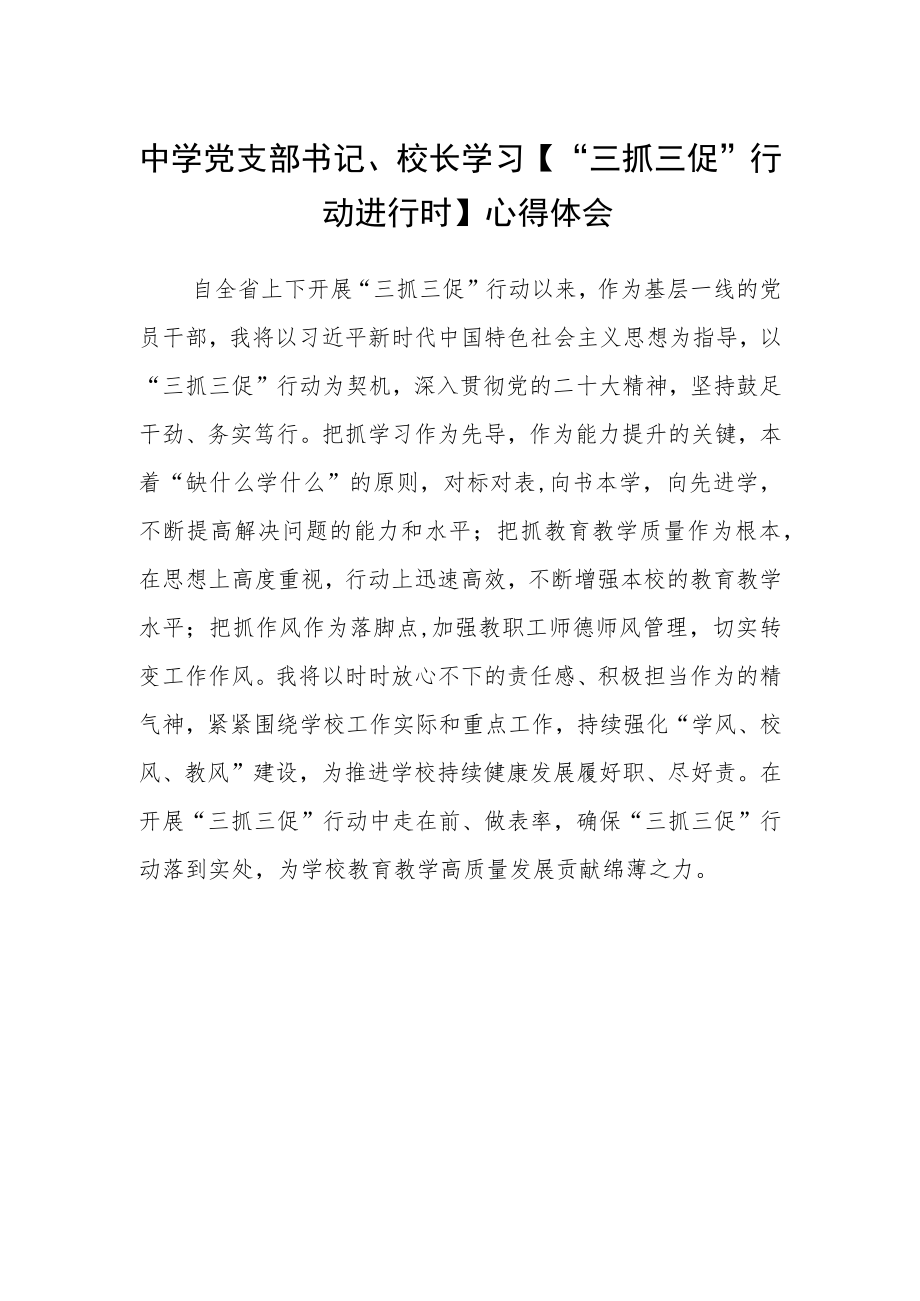 中学党支部书记、校长学习【“三抓三促”行动进行时】心得体会.docx_第1页