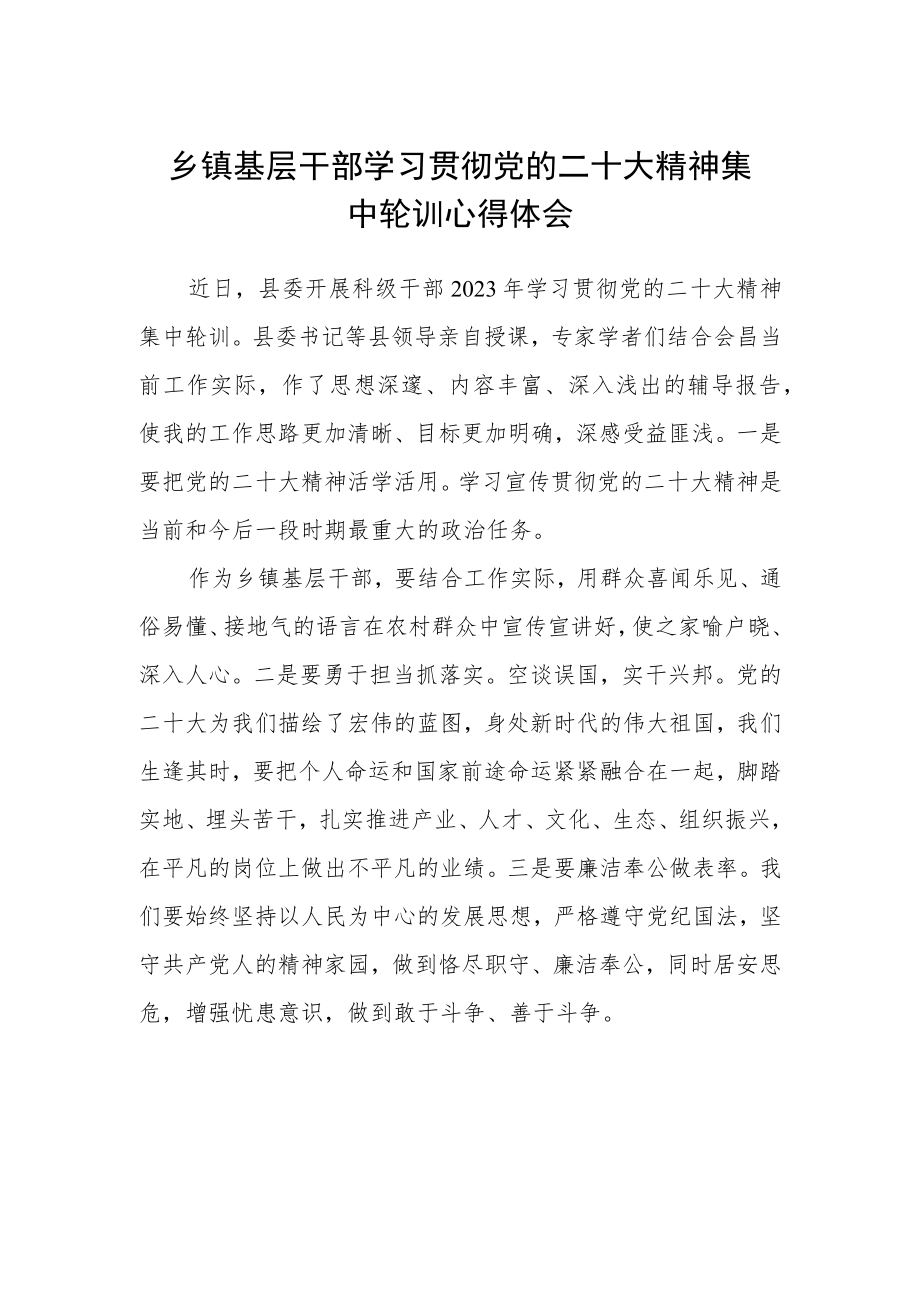 乡镇基层干部学习贯彻党的二十大精神集中轮训心得体会精选.docx_第1页