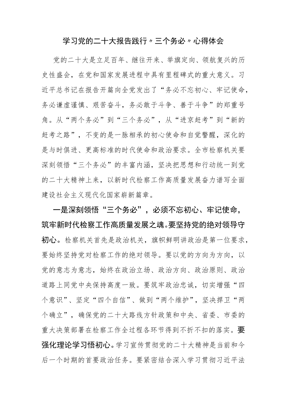 学习党的二十大报告践行“三个务必”心得体会范文两篇.docx_第1页