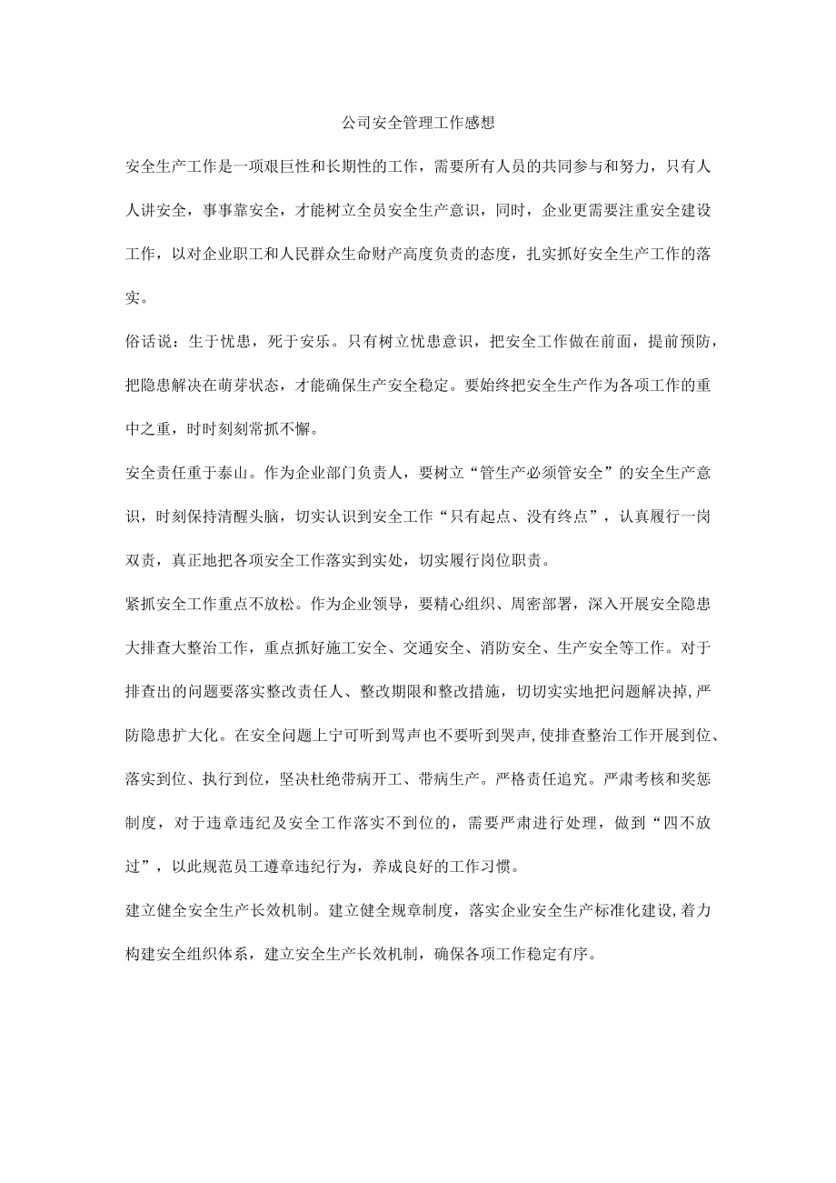 公司安全管理工作感想.docx_第1页