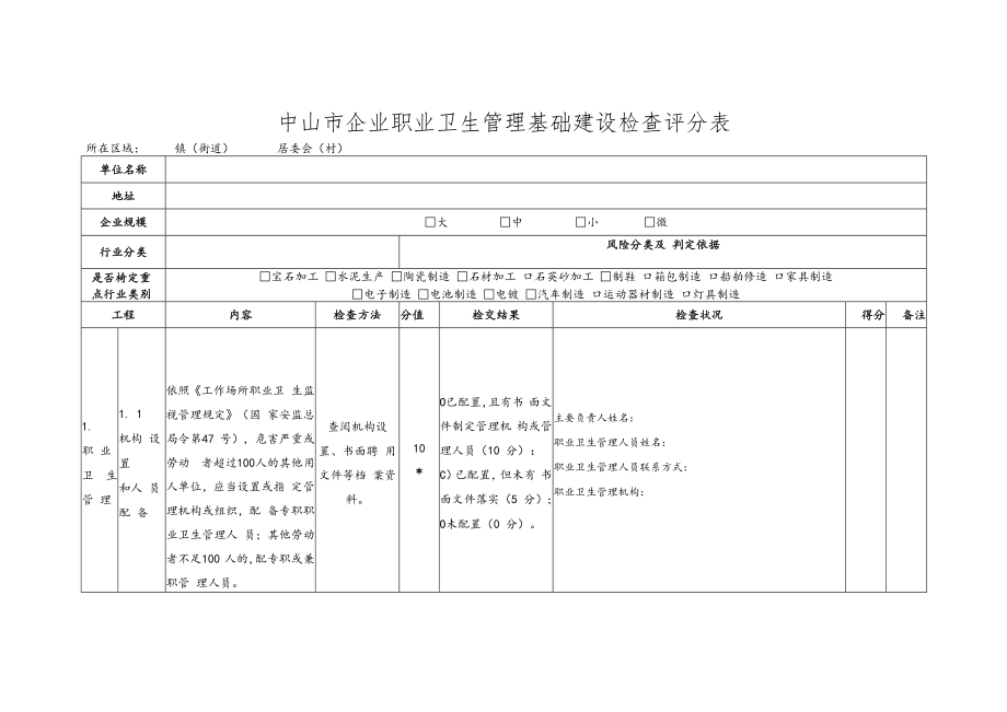 中山市企业职业卫生管理基础建设检查评分表.docx_第1页