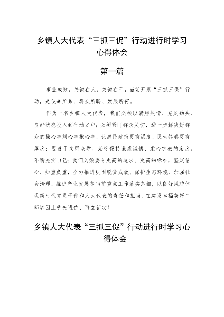 乡镇人大代表“三抓三促”行动进行时学习心得体会六篇.docx_第1页