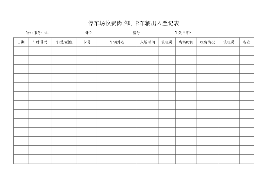 停车场收费岗临时卡车辆出入登记表.docx_第1页