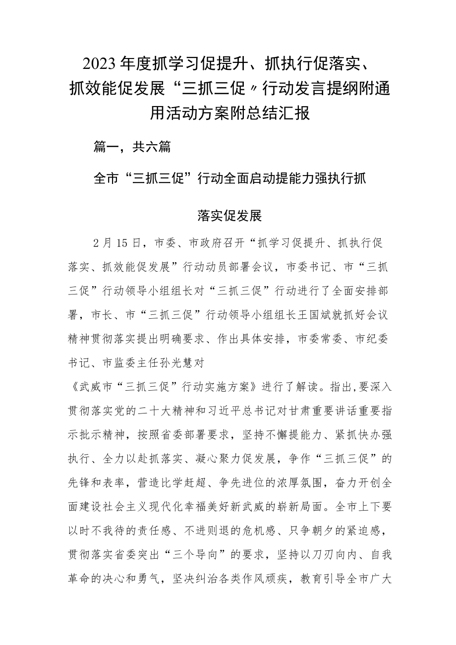 2023年度抓学习促提升、抓执行促落实、抓效能促发展“三抓三促”行动发言提纲附通用活动方案附总结汇报.docx_第1页