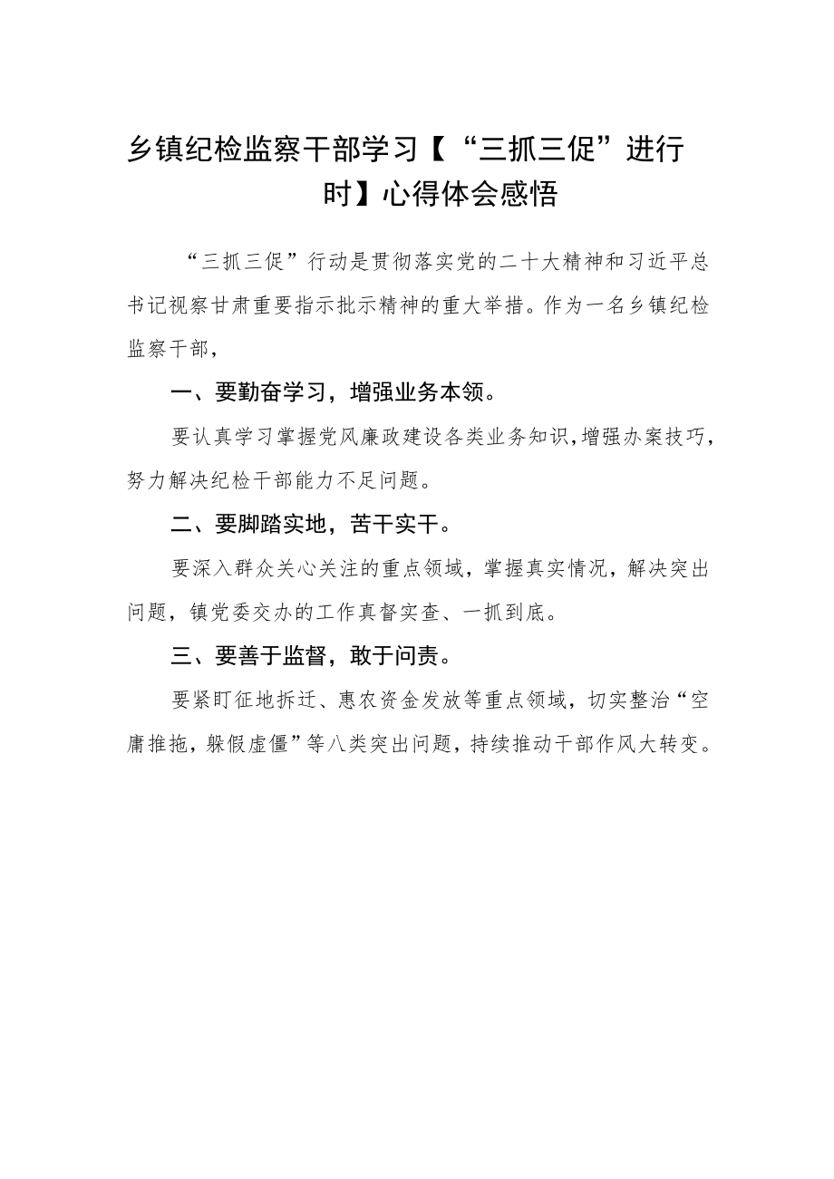 乡镇纪检监察干部学习【“三抓三促”进行时】心得体会感悟.docx_第1页