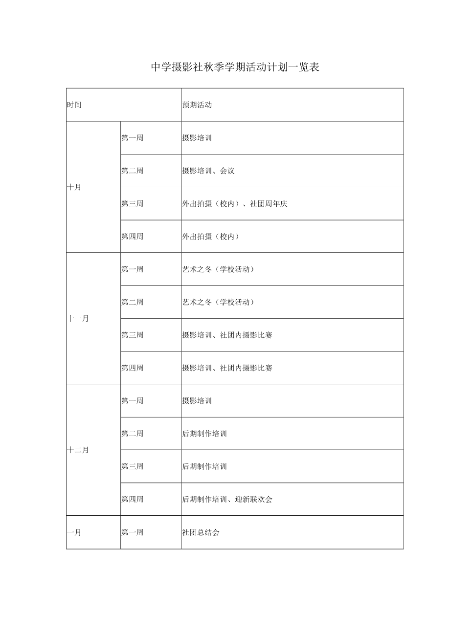 中学摄影社秋季学期活动计划一览表.docx_第1页