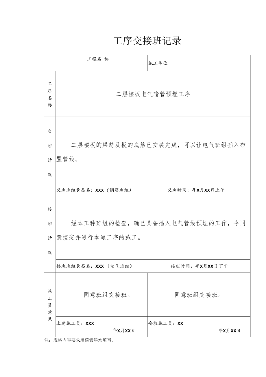 二层楼板电气暗管预埋工序交接记录.docx_第1页