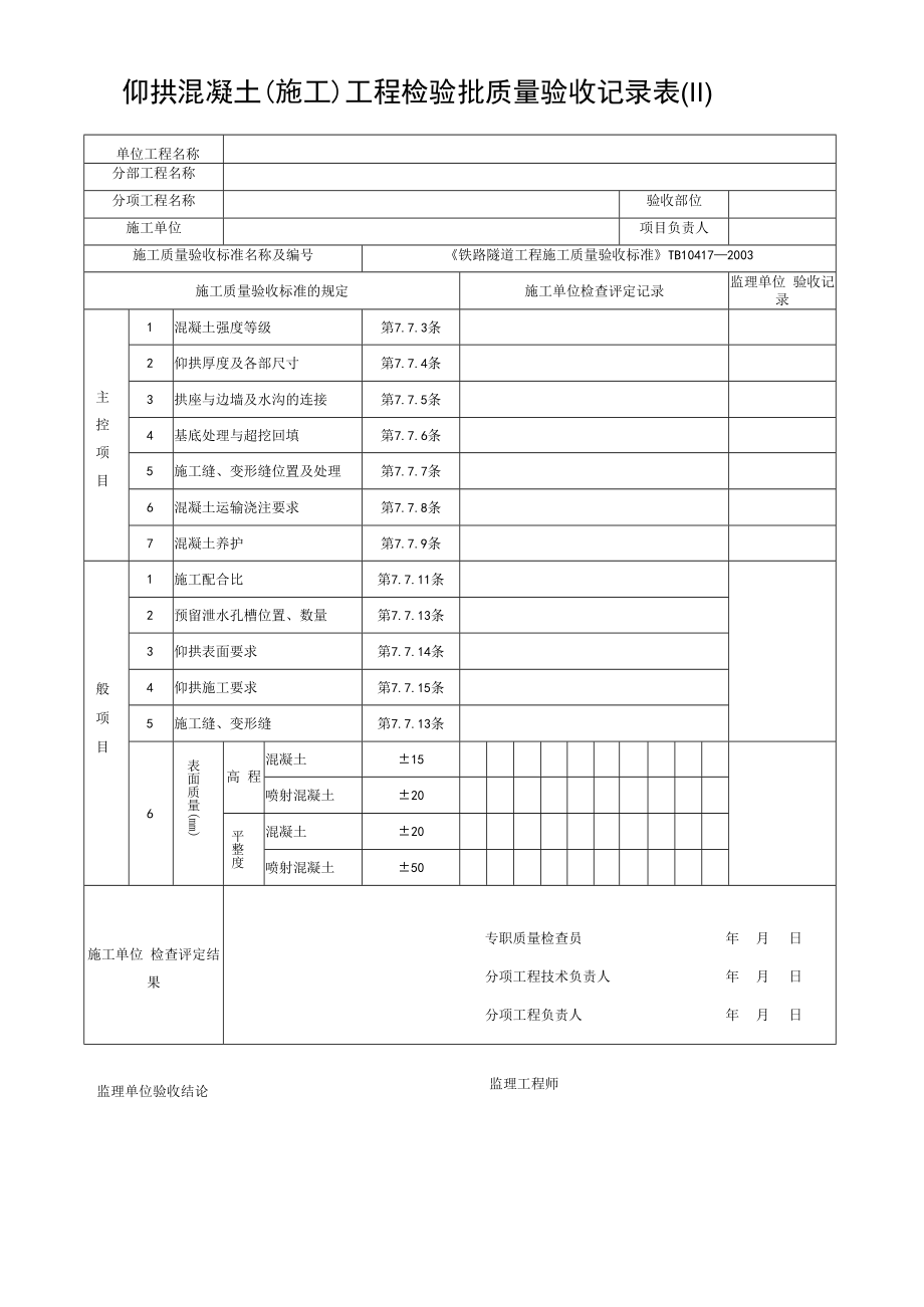 仰拱混凝土（施工）工程检验批质量验收记录表（Ⅱ）.docx_第1页