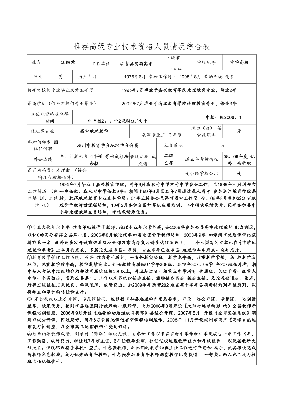 中学高级推荐高级专业技术资格人员情况综合表.docx_第1页