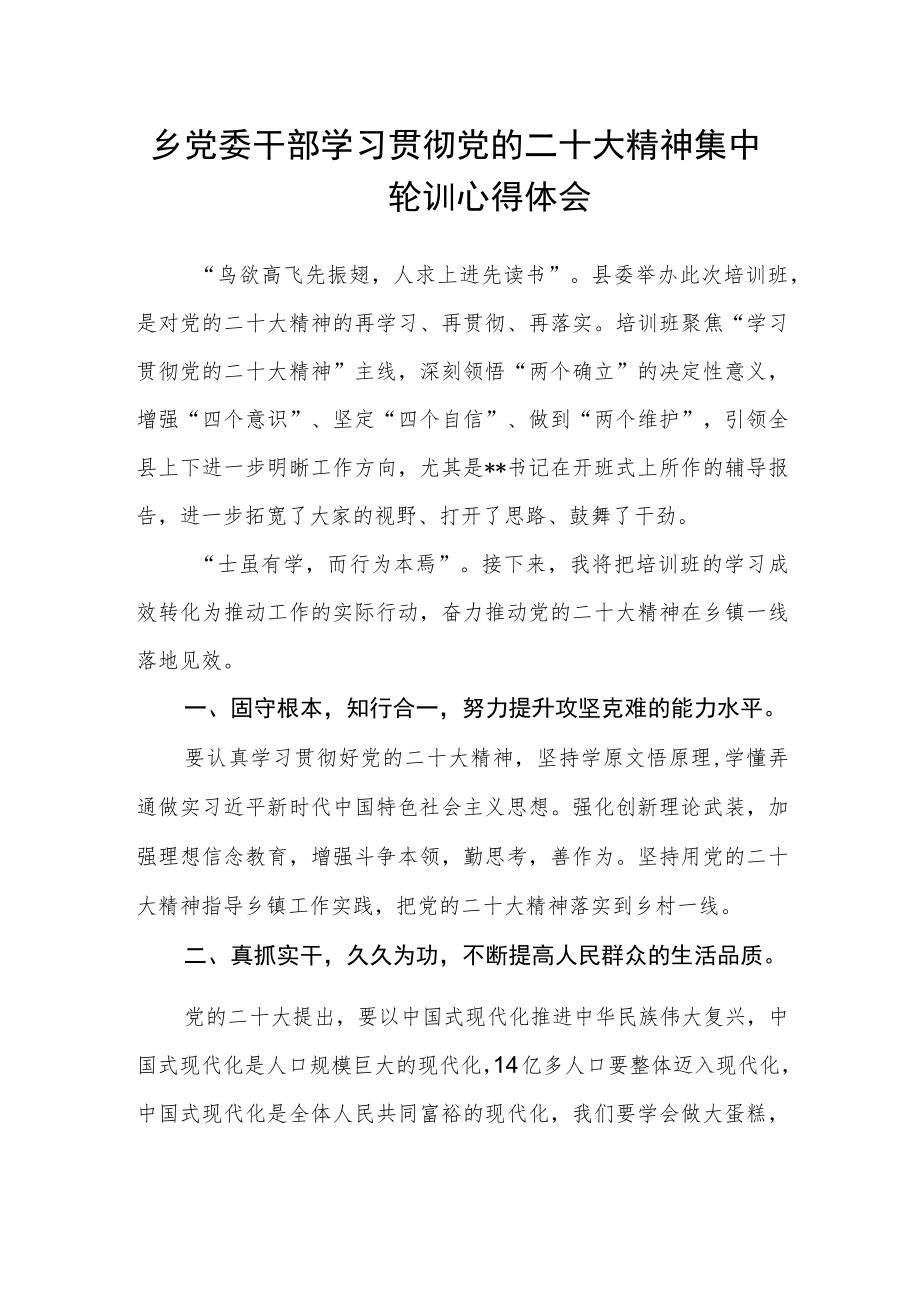 乡党委干部学习贯彻党的二十大精神集中轮训心得体会.docx_第1页