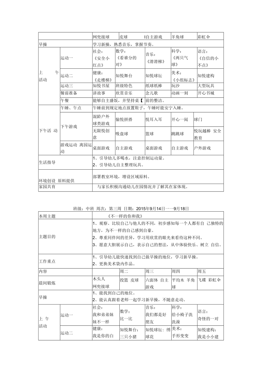 中班第一学期周教学计划周模板.docx_第2页