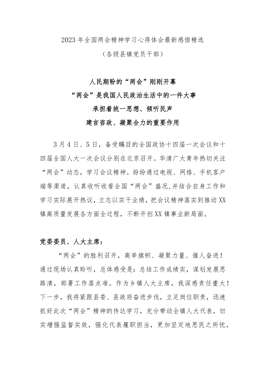 2023年全国两会精神学习心得体会最新感悟精选(各级县镇党员干部).docx_第1页