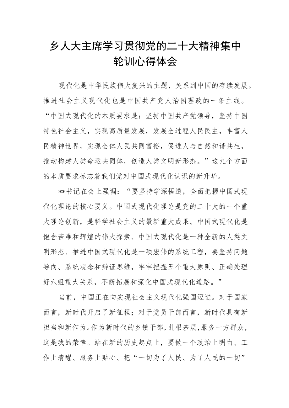 乡人大主席学习贯彻党的二十大精神集中轮训心得体会范文.docx_第1页