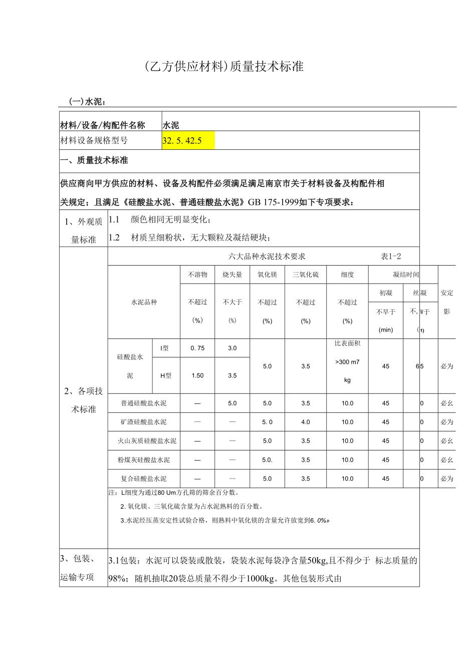 乙方供应材料（质量技术标准）土建3.29 .docx_第1页
