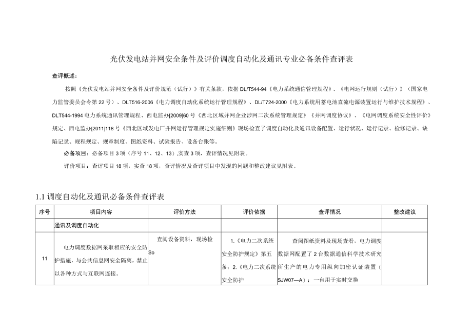 光伏发电站并网安全条件及评价调度自动化及通讯专业必备条件查评表.docx_第1页