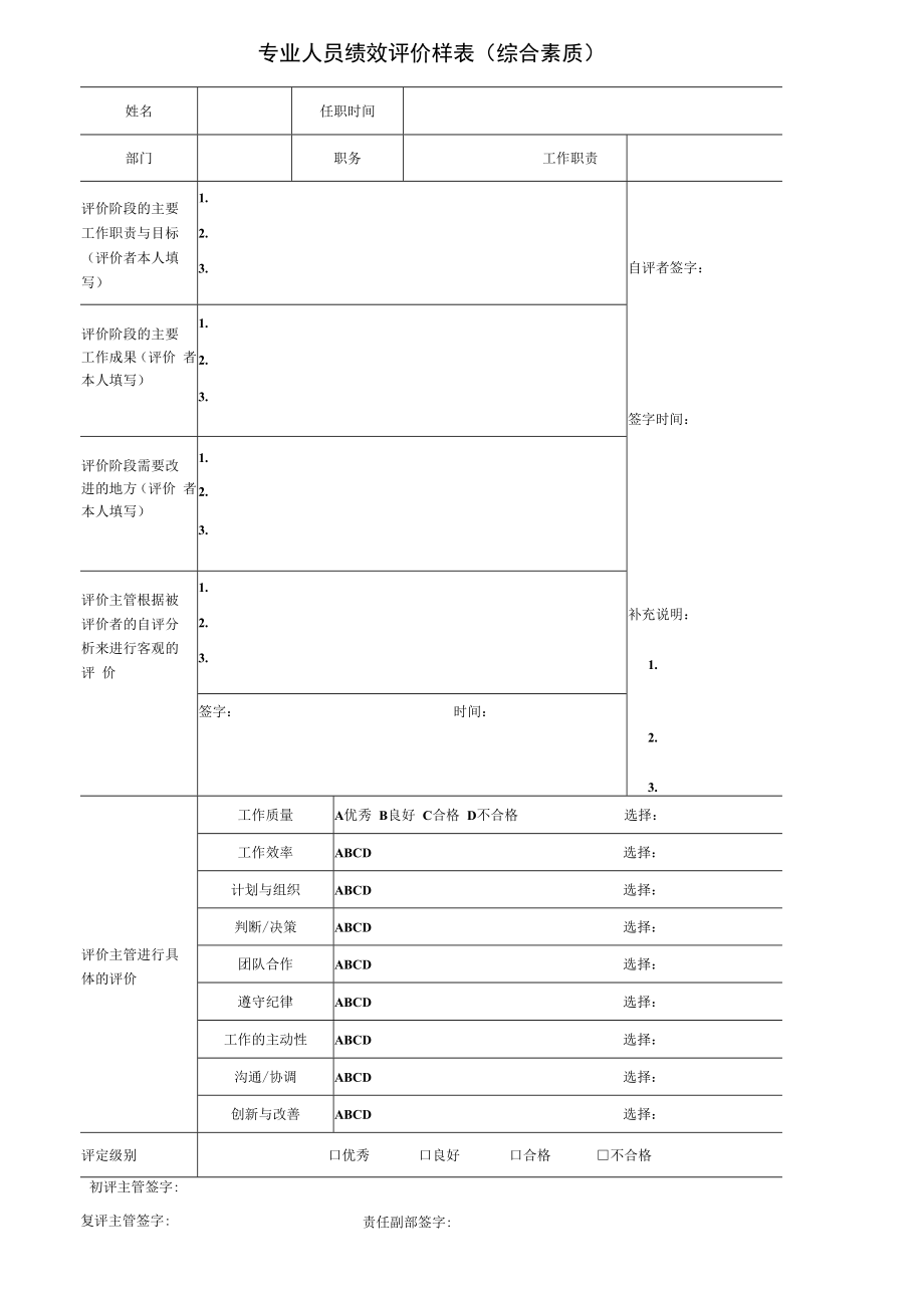 专业人员绩效评价样表（综合素质）.docx_第1页