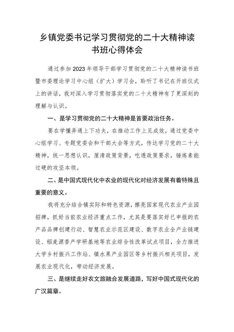 乡镇党委书记学习贯彻党的二十大精神读书班心得体会.docx_第1页